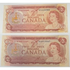 CANADA 1974 . 2 x TWO 2 DOLLARS BANKNOTES . LAWSON / BOUEY